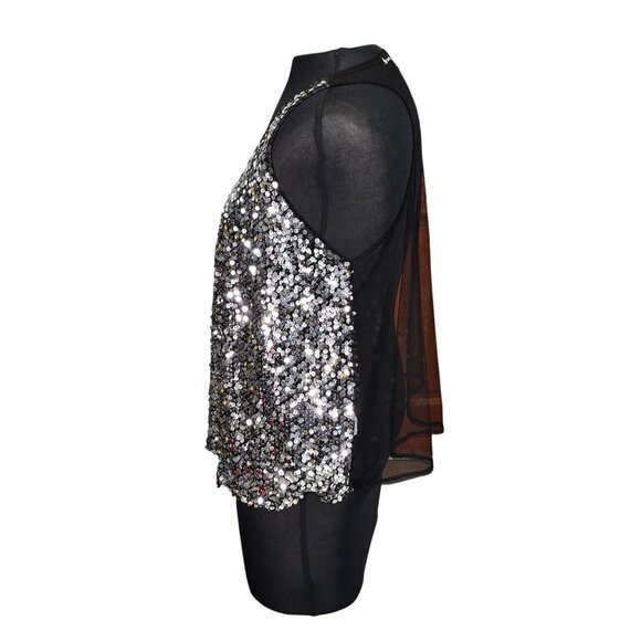 Sequin Racerback Sleeveless Top Party Wear Black & Silver Size L - Picture 2 of 9